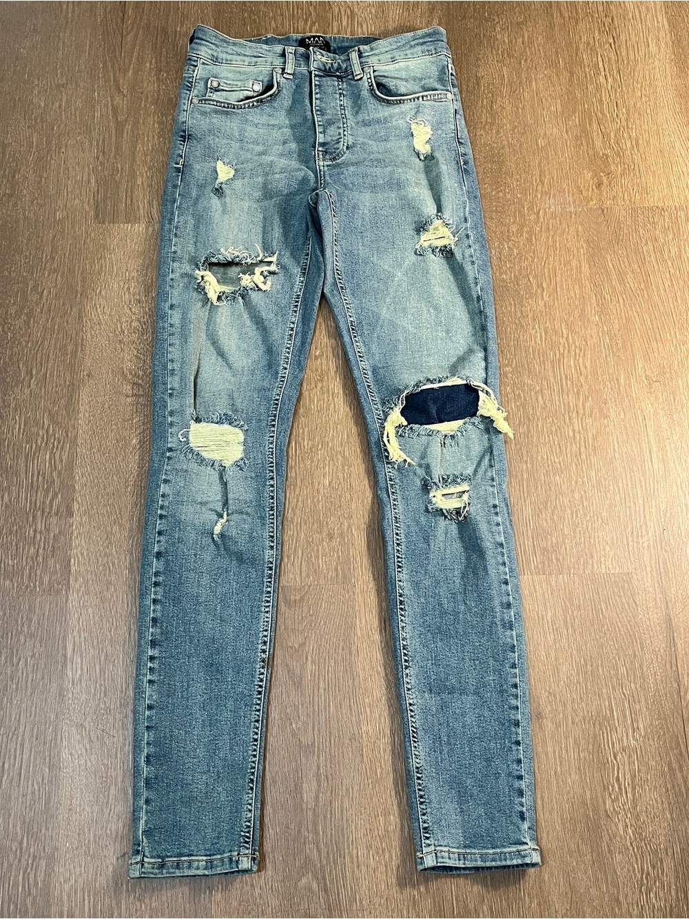 BoohooMAN Distressed Light Blue Ripped Skinny Jeans